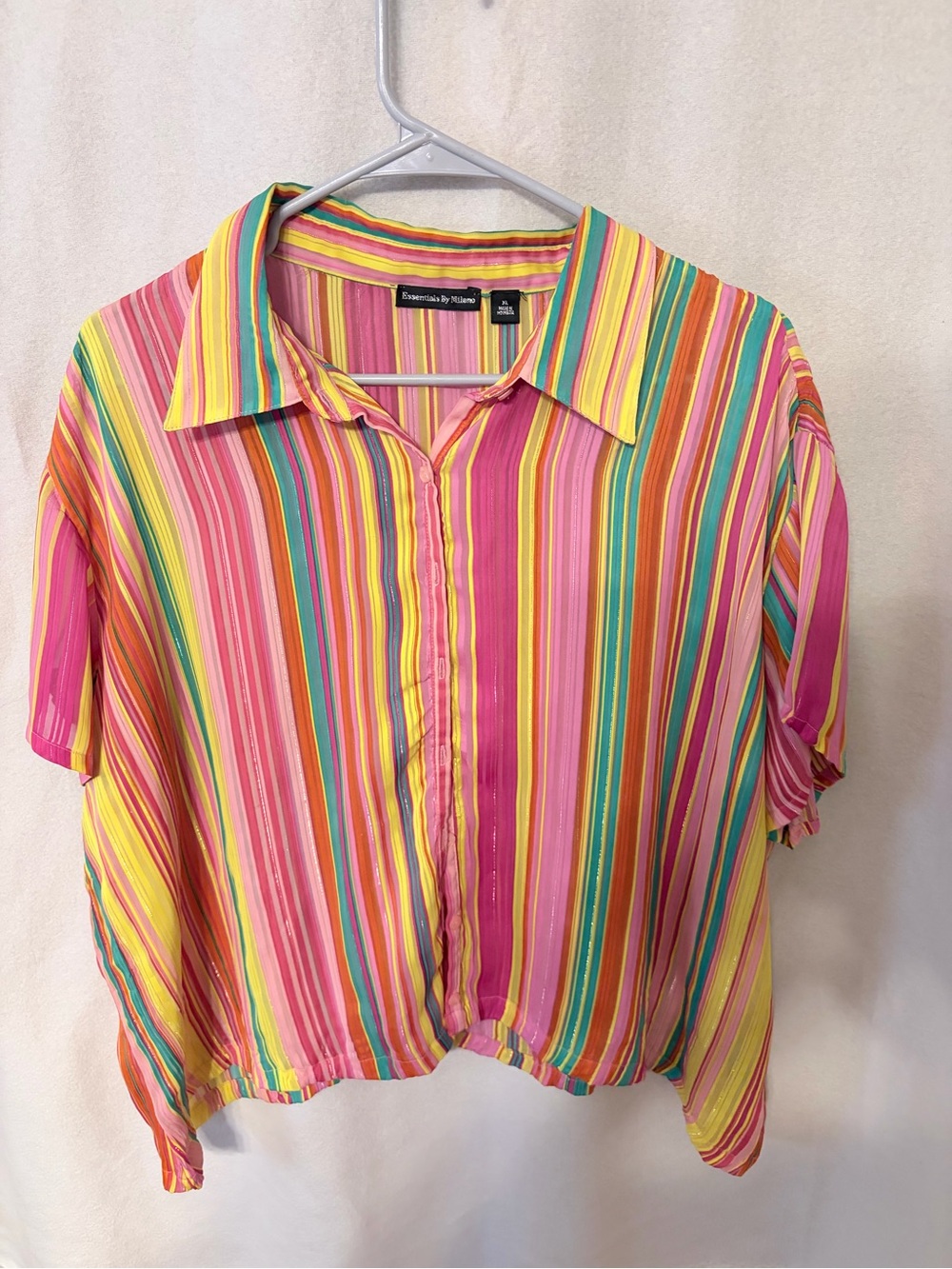Vintage Essentials By Milano Short Sleeve Rainbow Striped Blouse Size XL